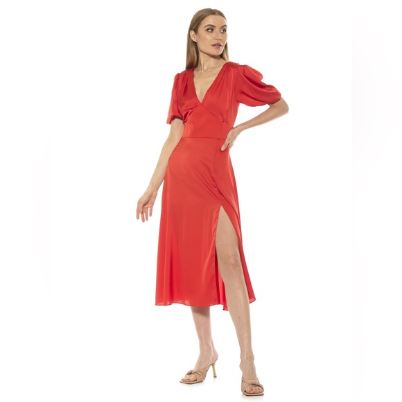 Alexia Admor Red Satin Puff Sleeve Midi V Neck Slit Dress Size 6 - Picture 2 of 8